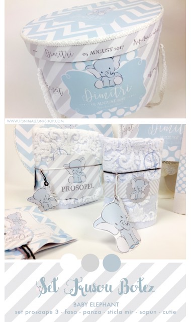 Trusou de botez cu broderie personalizata pentru baieti, Bleu & Grey Elephant 5